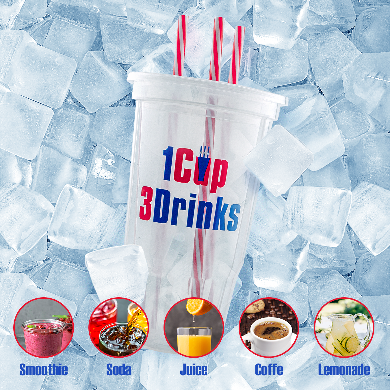 WesCup - Innovative 3-Compartment Beverage Cup for Versatile Drinking With Lid & Straw | Stackable, Portable, Reusable , Plastic Drinkware