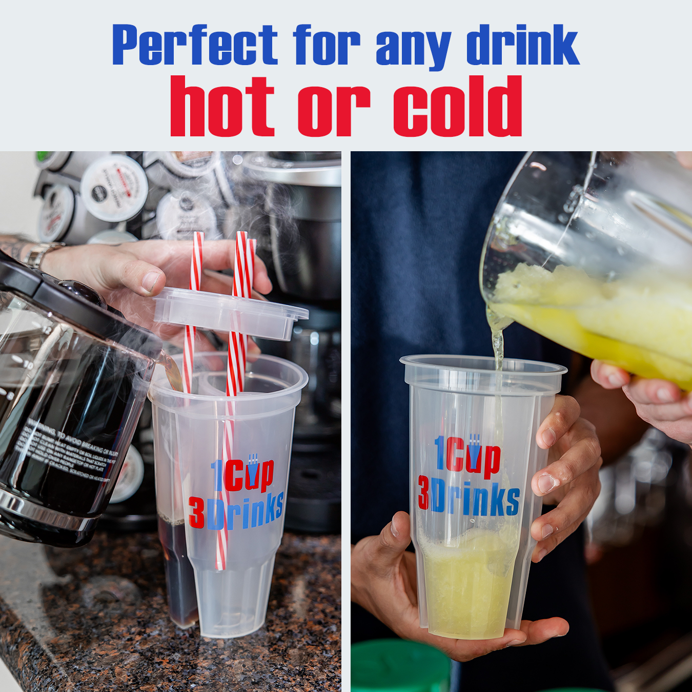 WesCup - Innovative 3-Compartment Beverage Cup for Versatile Drinking With Lid & Straw | Stackable, Portable, Reusable , Plastic Drinkware