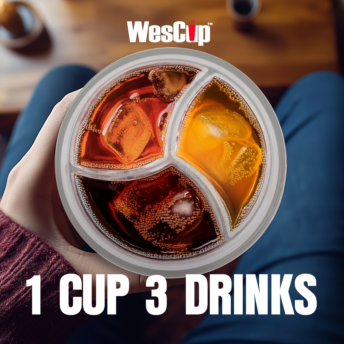 WesCup - Innovative 3-Compartment Beverage Cup for Versatile Drinking With Lid & Straw | Stackable, Portable, Reusable , Plastic Drinkware