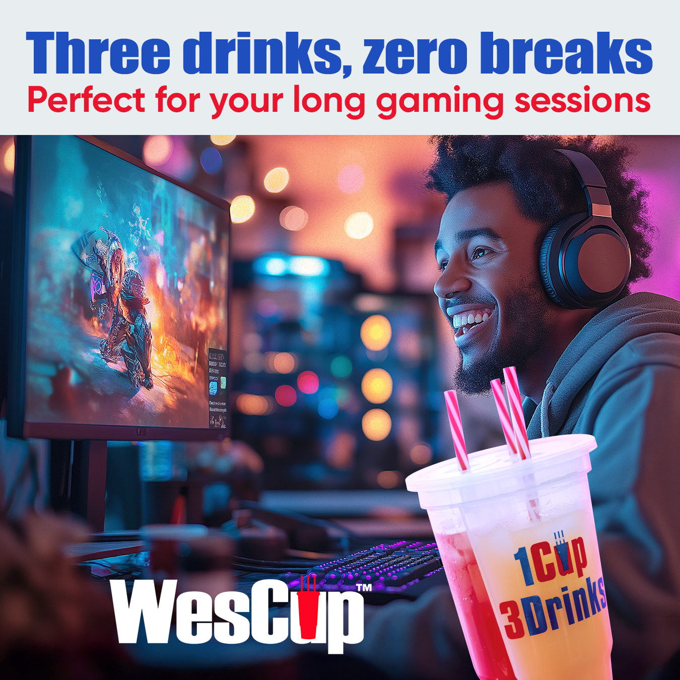 WesCup - Innovative 3-Compartment Beverage Cup for Versatile Drinking With Lid & Straw | Stackable, Portable, Reusable , Plastic Drinkware