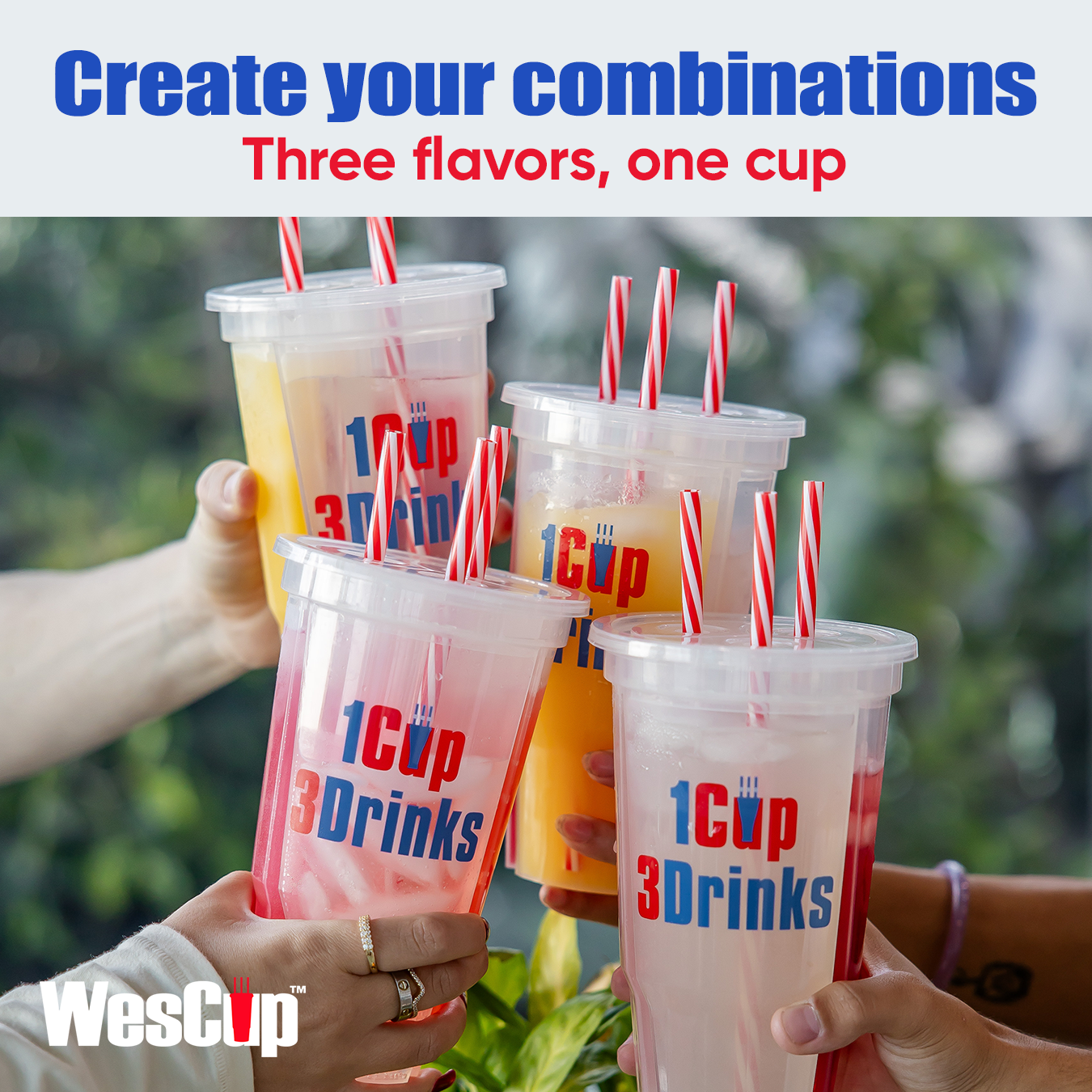 WesCup - Innovative 3-Compartment Beverage Cup for Versatile Drinking With Lid & Straw | Stackable, Portable, Reusable , Plastic Drinkware