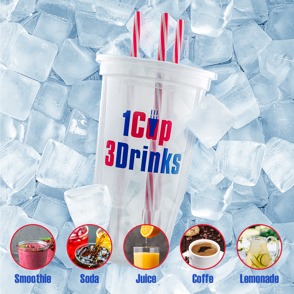 WesCup - Innovative 3-Compartment Beverage Cup for Versatile Drinking With Lid & Straw | Stackable, Portable, Reusable , Plastic Drinkware